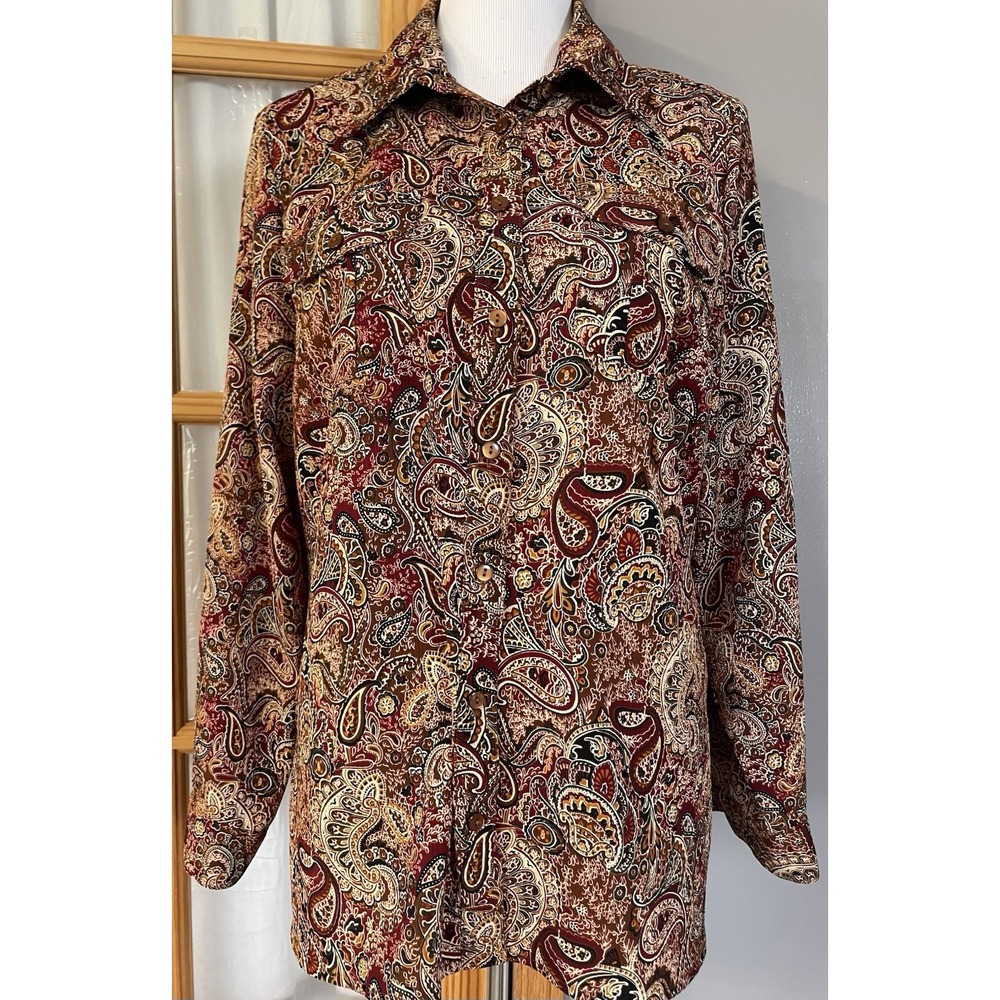 90s Notations Paisley Floral Blouse PXL Beige Burgundy Button Up Career Boho